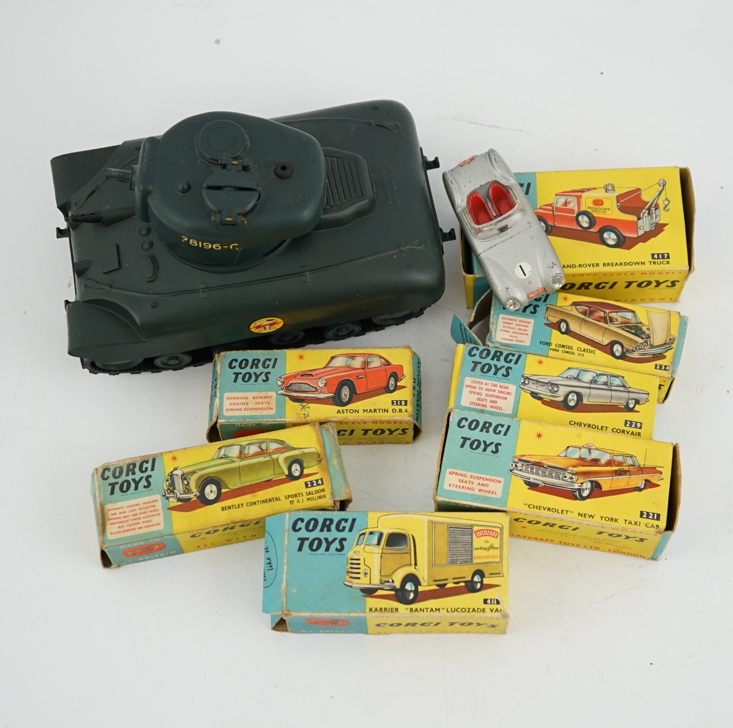 Seven boxed Corgi Toys and a Tri-ang M116 Sherman Tank, Corgi including